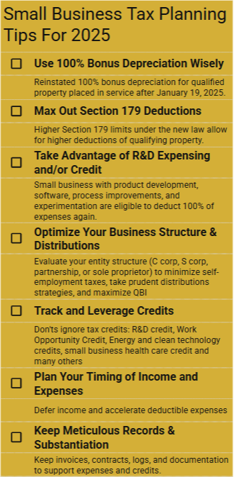Small Business Tax Planning Tips for 2025 Small business tax planning tips checks