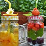 glasses, water, fruit, fruits water, drink, multicoloured, colorful, lid, straws, garden, outdoors, healthy, summer, party, invitation, to celebrate, glass, secure, wasps, sugar-free, taste, vitamins, detox, liquid, water budget, thirst quencher, refreshment, health, detox water, summer drink, sparkling water, heat, nature, soft drink